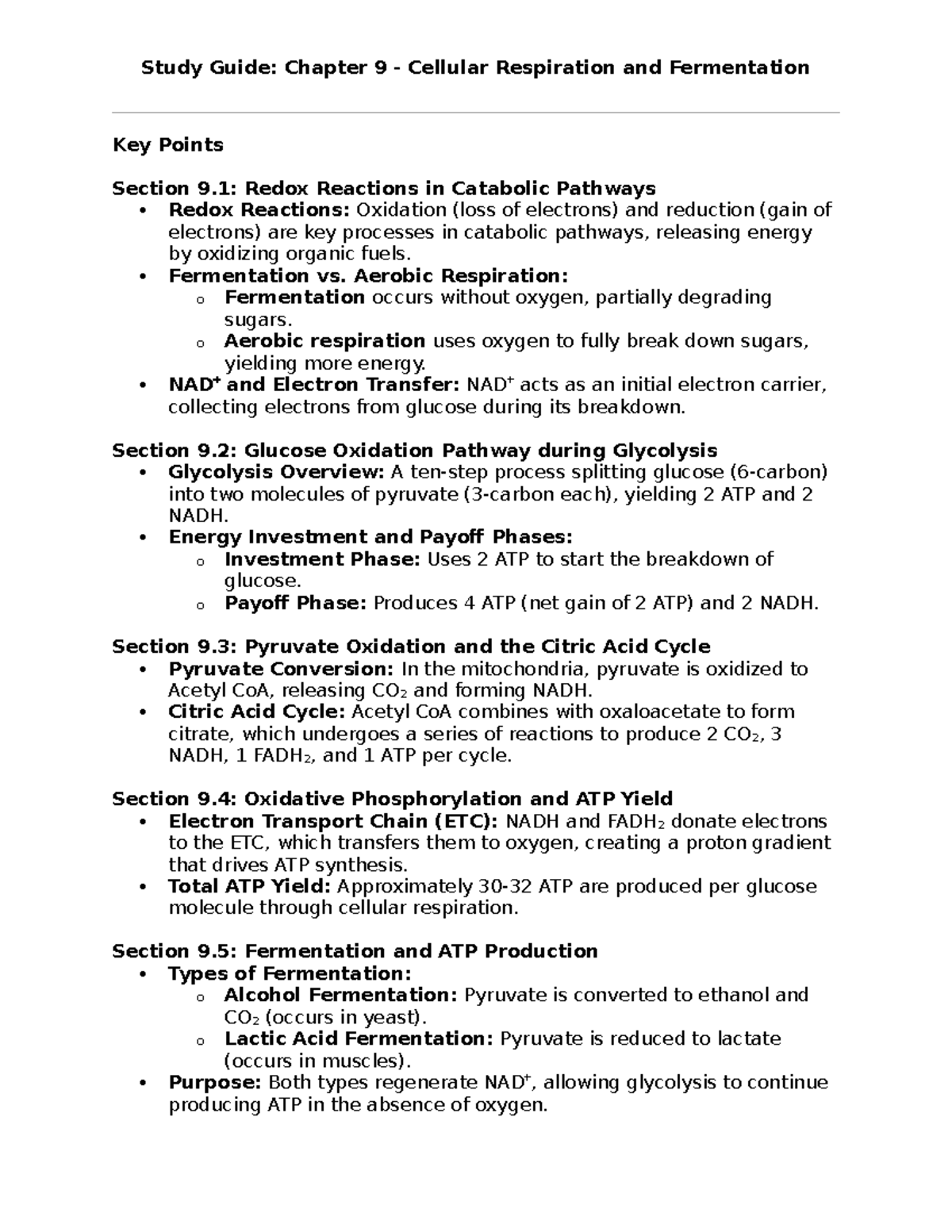 Study Guide: Chapter 9 - Cellular Respiration & Fermentation Overview ...