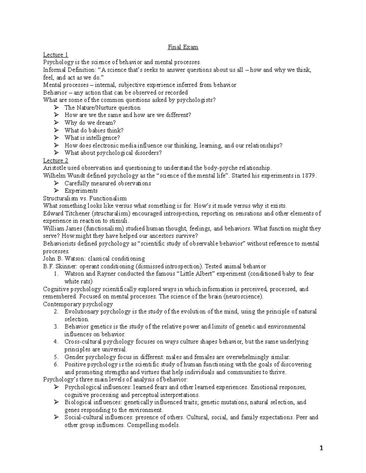 Psychology PSY101 Final Exam Lecture Notes Overview - Studocu