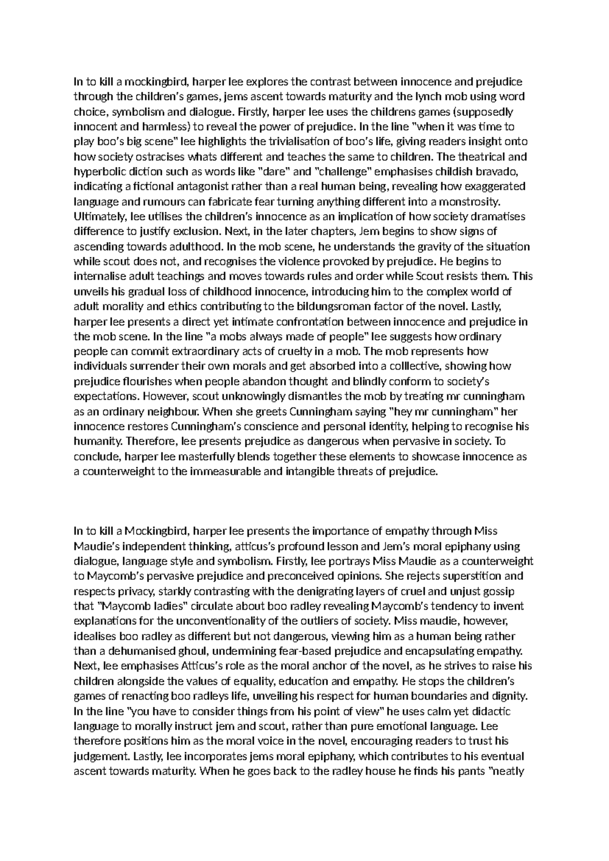 ENG 101: Essay Answers on Innocence vs. Prejudice in 