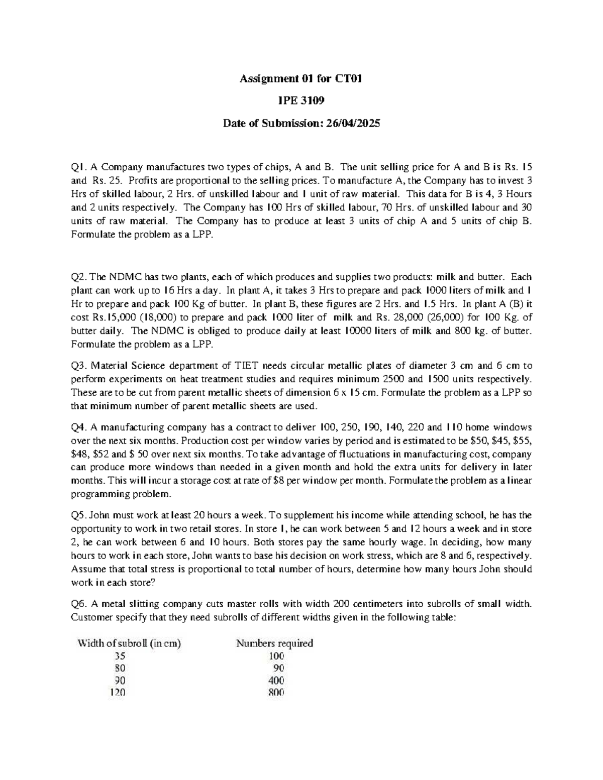 Assignment 01 for CT01 IPE 3109: Linear Programming Problems - Studocu