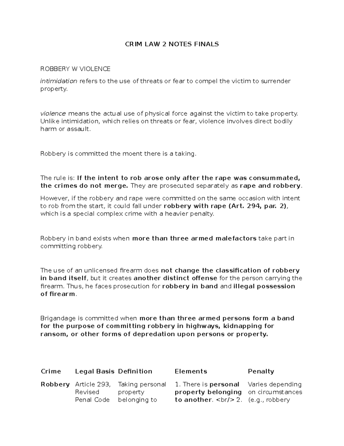 CRIM LAW 2 FINAL NOTES ON ROBBERY AND ESTAFAS - Studocu