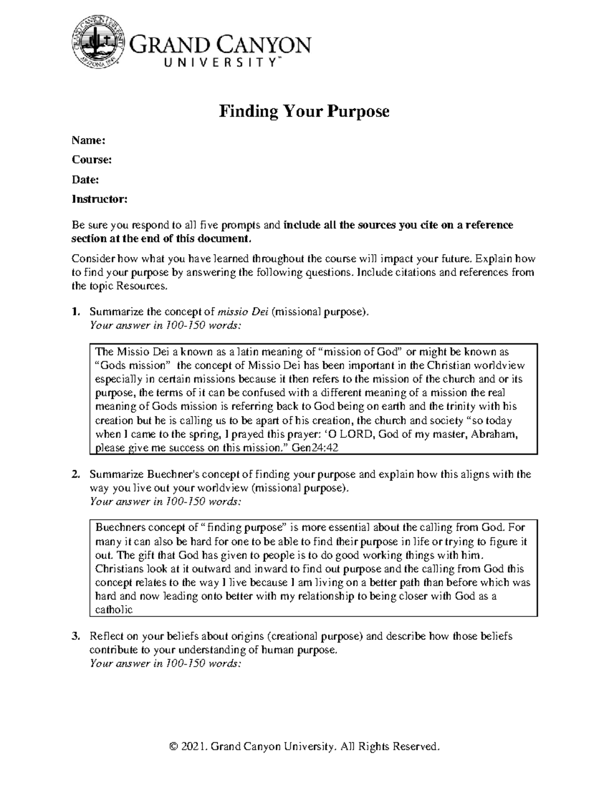 GCU Assignment: Finding Your Purpose - Insights & Reflections - Studocu