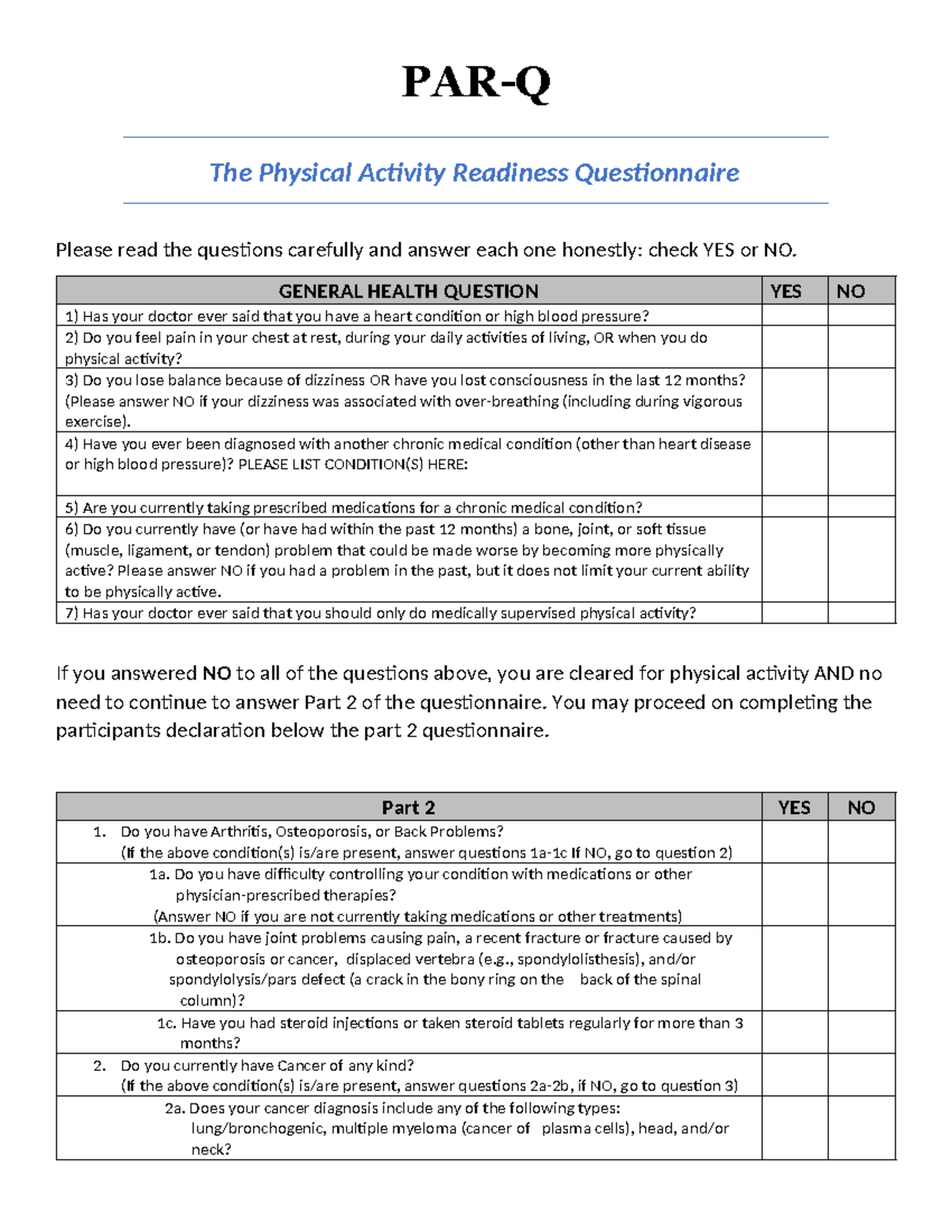 PAR Q questionnaire - PAR-Q The Physical Activity Readiness ...