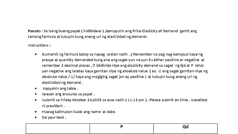 Activity on Price Elasticity of Demand (ECO101) - Studocu
