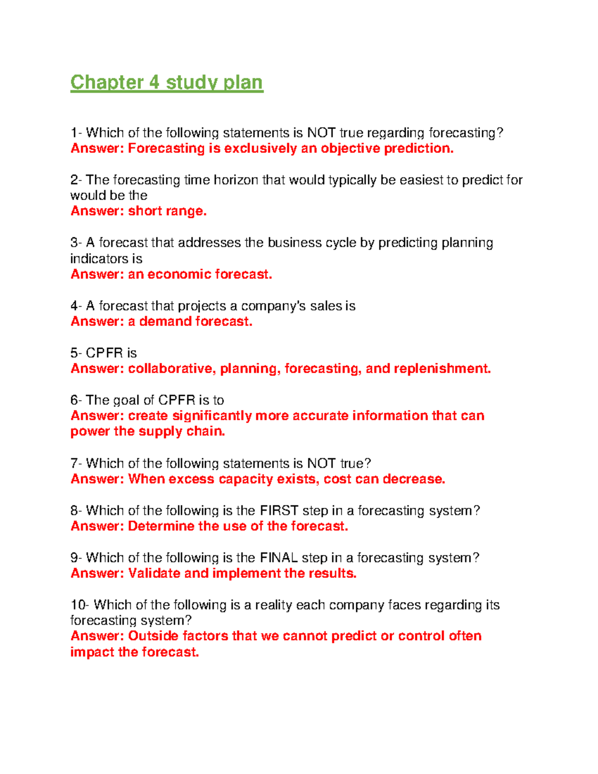Final Study Guide for Chapters 4, 7, 8, 9, 12, 14 (Forecasting & Layout ...