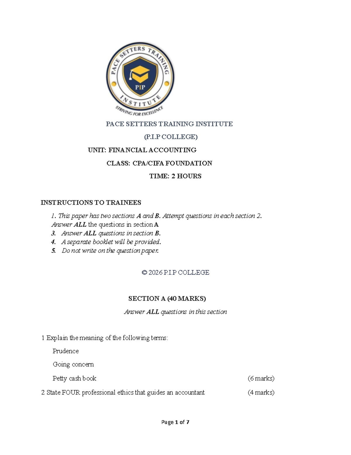 Financial Accounting (FND 2026) - Training Institute Exam Guide - Studocu