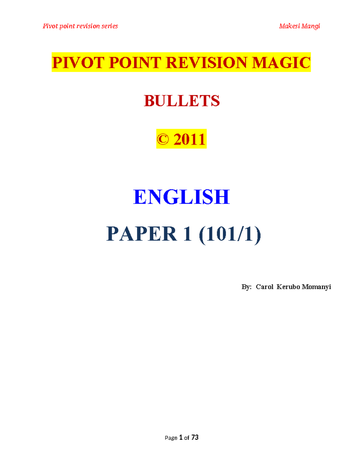 English Paper 1 Revision Booklet: Pivot Point Study Guide - Studocu