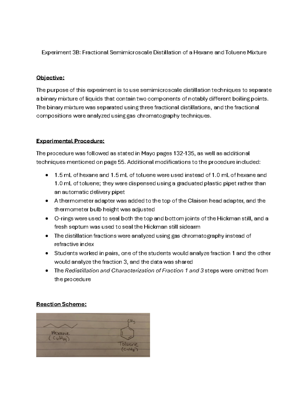 Expt. 3B: Fractional Semimicroscale Distillation of Hexane & Toluene ...