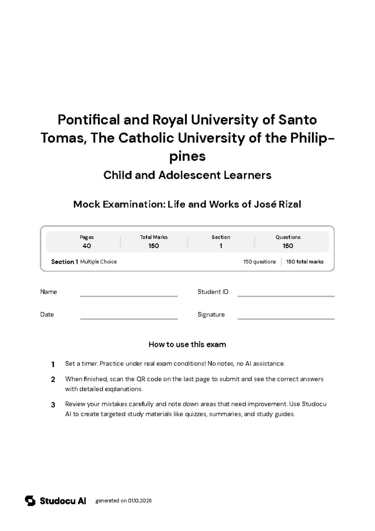 Mock Exam: Life and Works of José Rizal - Studocu