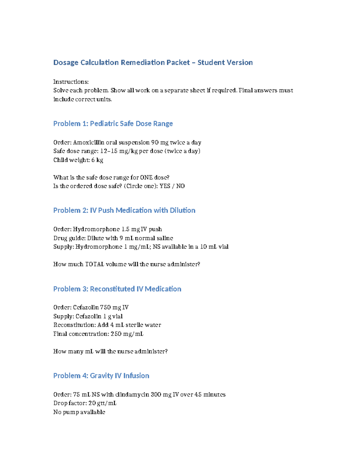 Dosage Calculation Remediation Packet: Student Version - Studocu