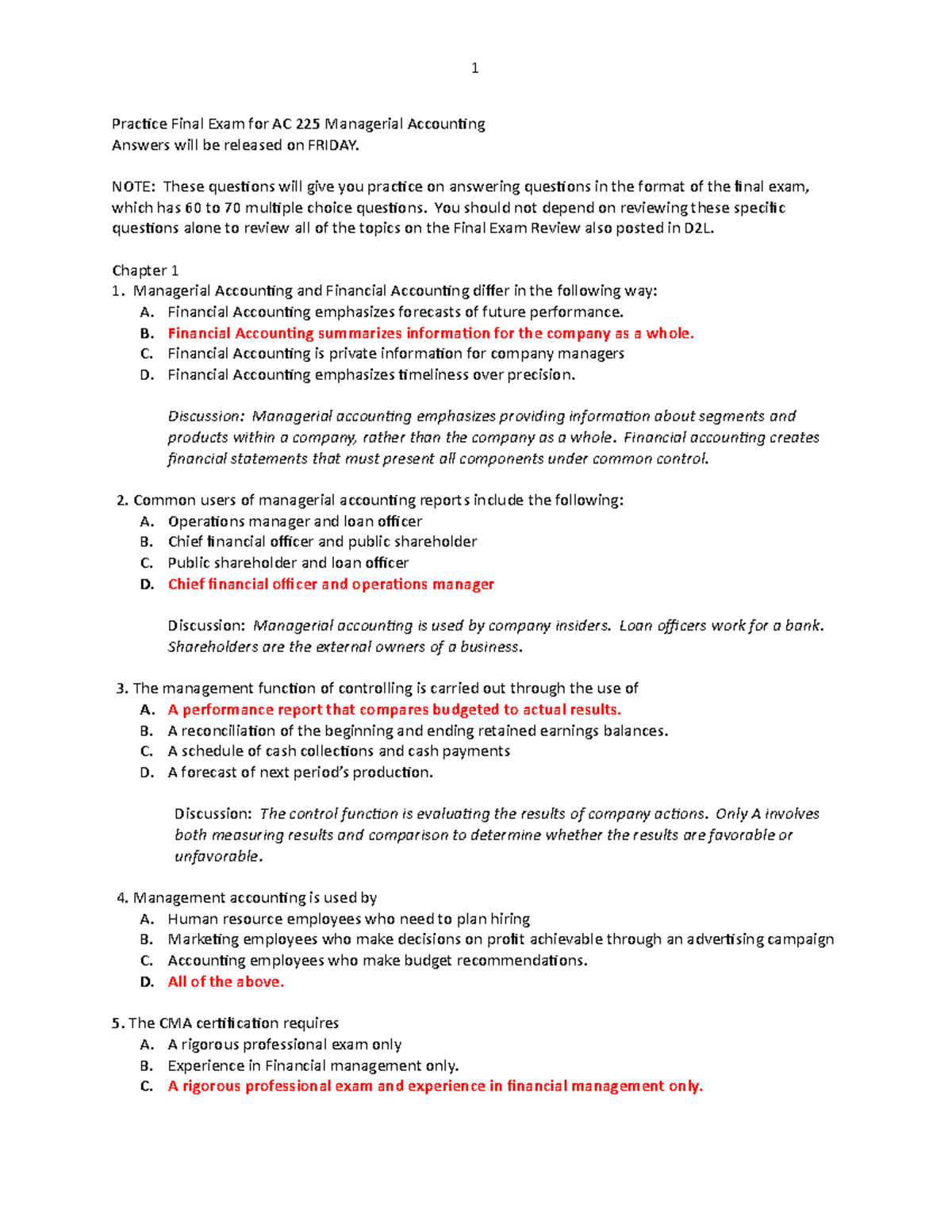 AC 225 Managerial Accounting Final Exam Practice Questions Key - Studocu
