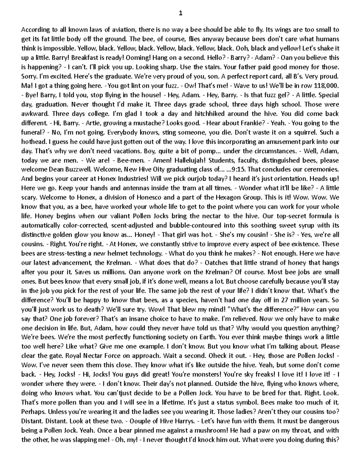 The Bee Movie Script - Complete Transcription of the Film! - Studocu