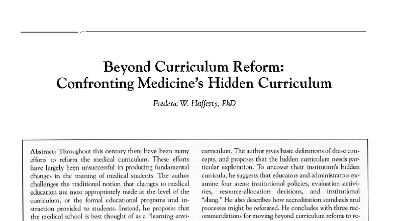 Hafferty 1998: Exploring the Hidden Curriculum in Medical Education ...