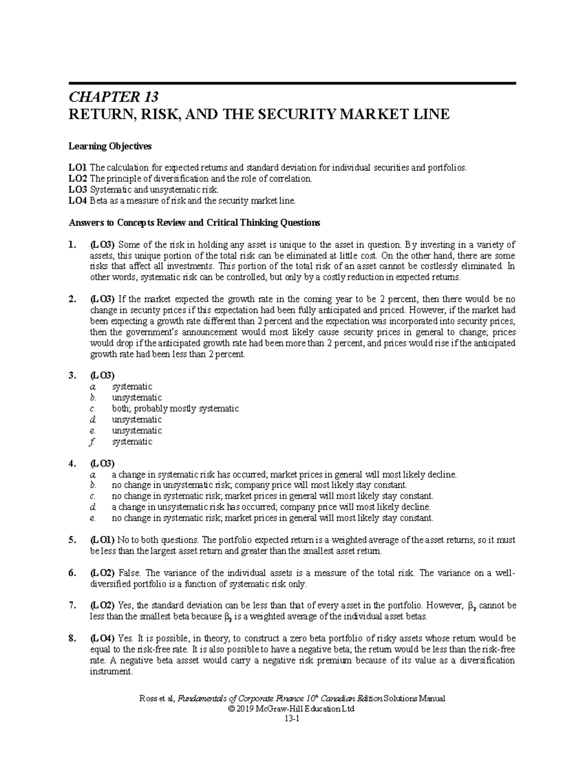 Ross FCF 10ce SM ch13 Final - CHAPTER 13 RETURN, RISK, AND THE SECURITY ...