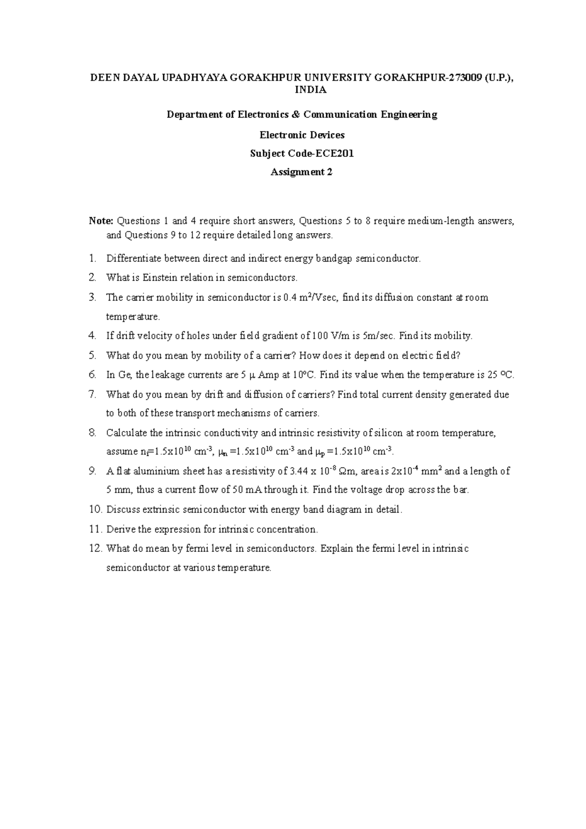 Assignment 2: Electronic Devices EDC ECE201 - Key Concepts & Problems ...