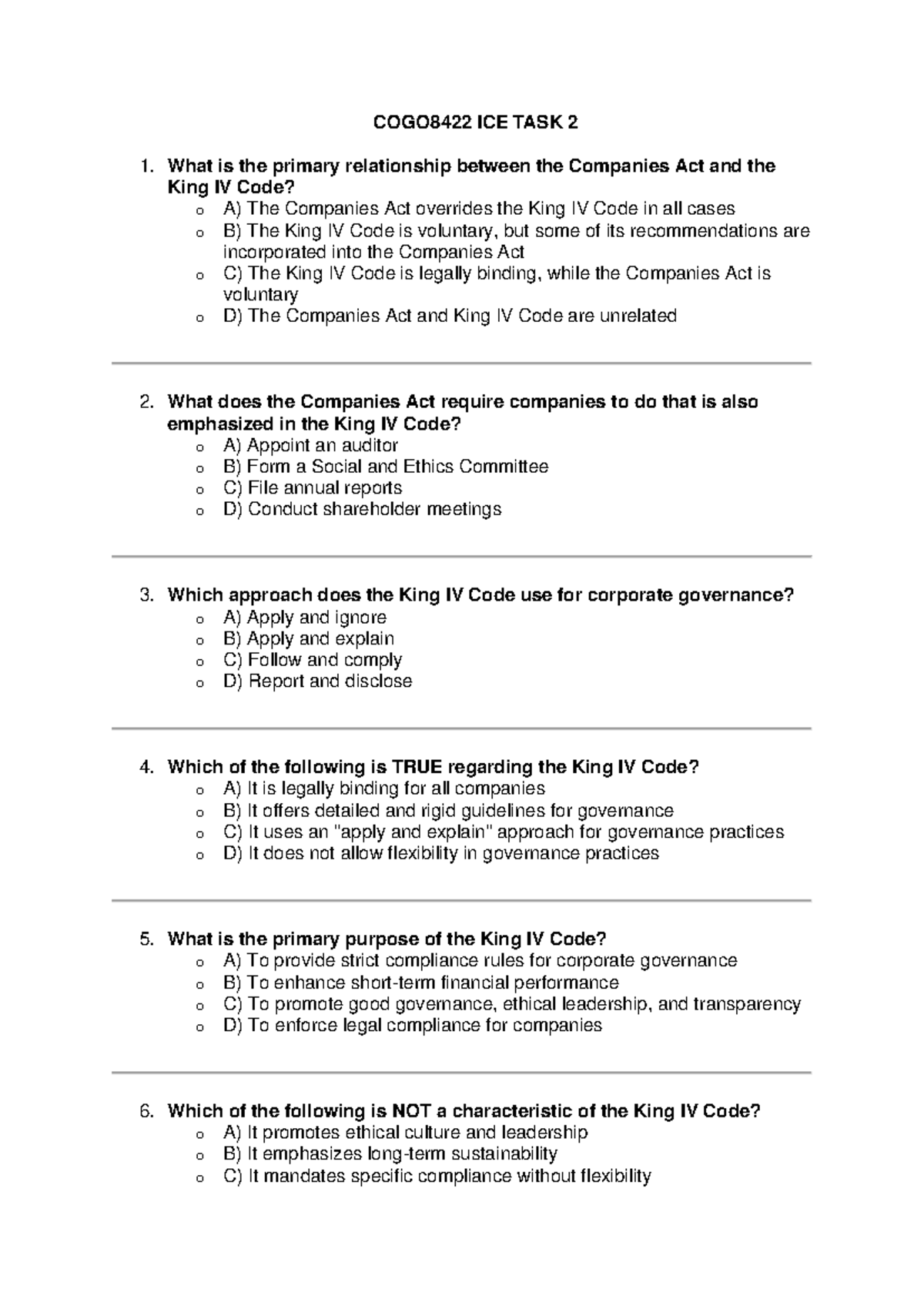 COGO8422 ICE TASK 2 - Corporate Governance & King IV Code Overview ...