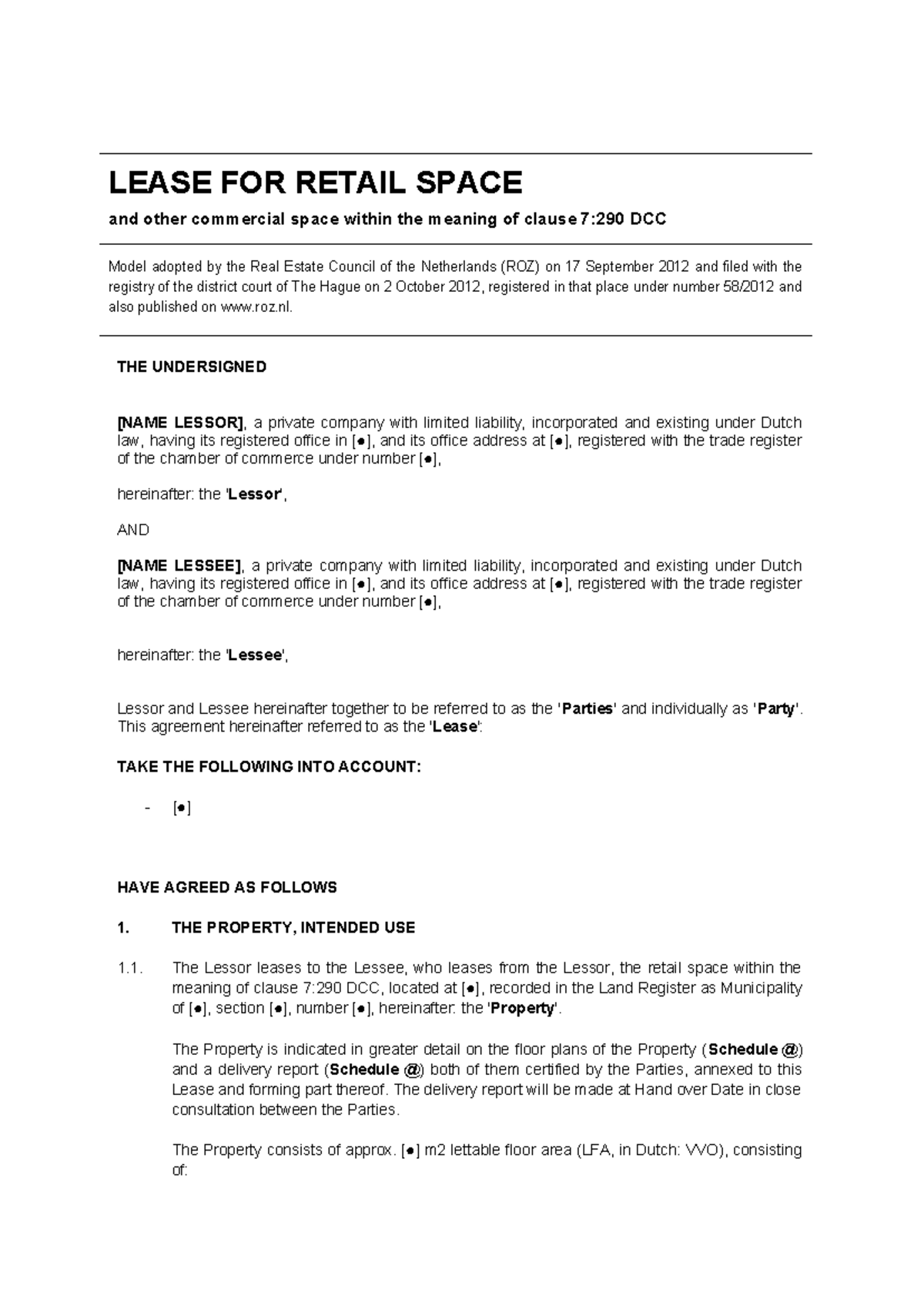 Template Lease Agreement for Retail Space (ROZ 2012) - Studeersnel