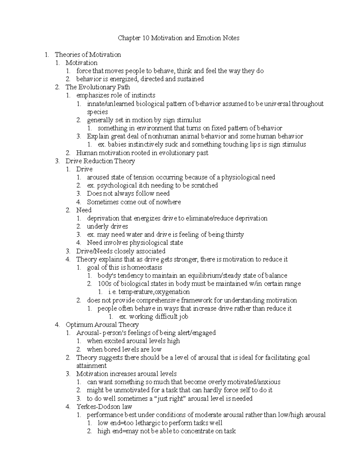Chapter 10 Motivation and Emotion Notes - Theories of Motivation 1 ...