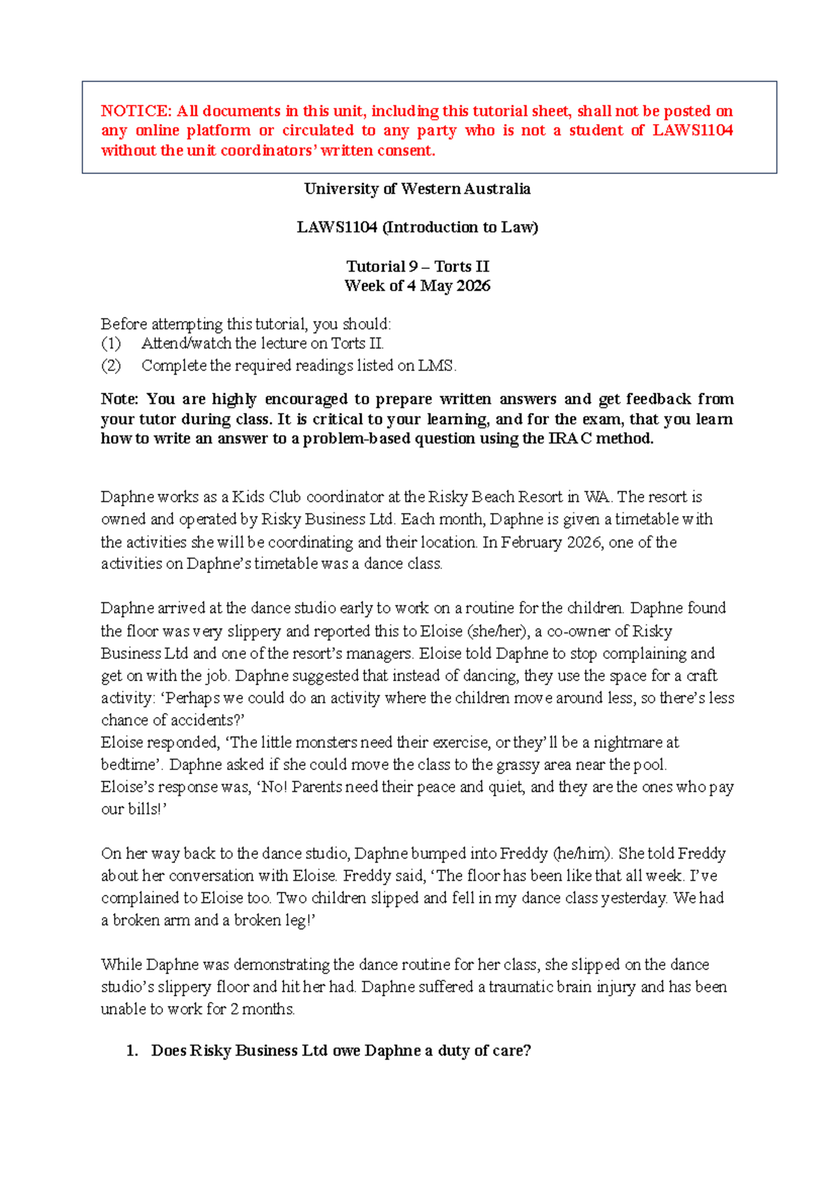 Torts II Tutorial Question - LAWS1104 (Week of 4 May 2026) - Studocu