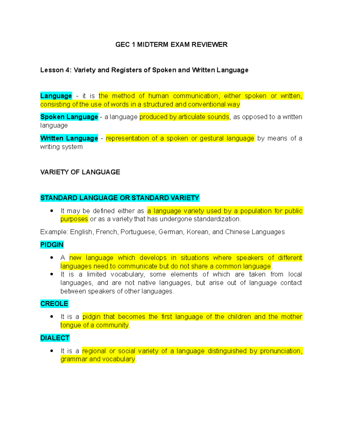 GEC 1 Midterm Exam Reviewer: Purposive Communication Overview - Studocu