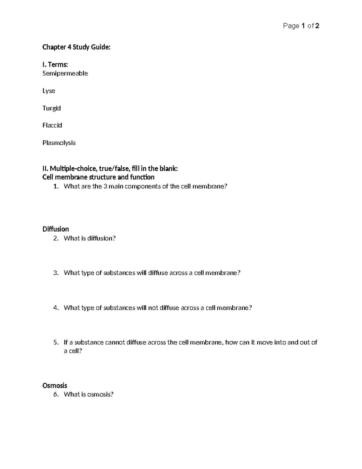 Chapter 4 Study Guide: Cell Membrane Structure & Function - Studocu
