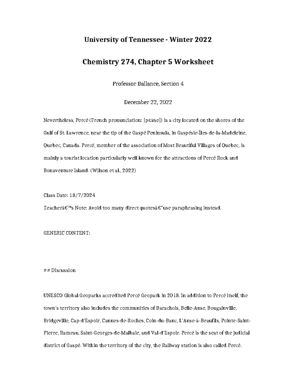Chemistry 274 Chapter 5 Guide - University of Tennessee - Winter 2022 ...