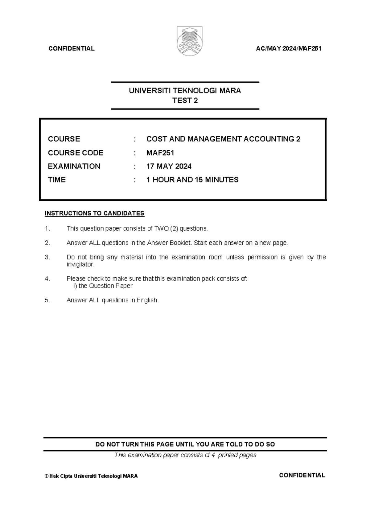 MAF251 Test 2: Cost & Management Accounting Exam - May 2024 - Studocu
