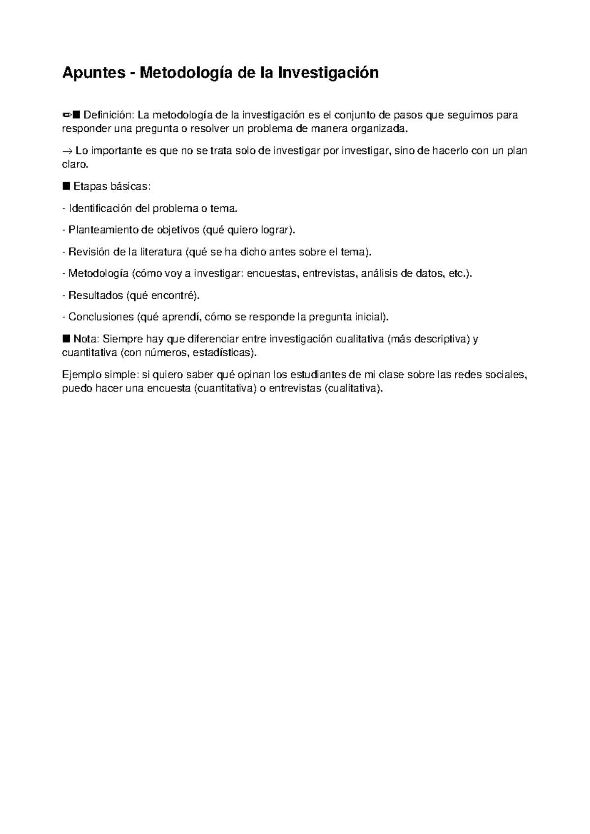 Apuntes de Metodología de la Investigación: Definición y Etapas - Studocu
