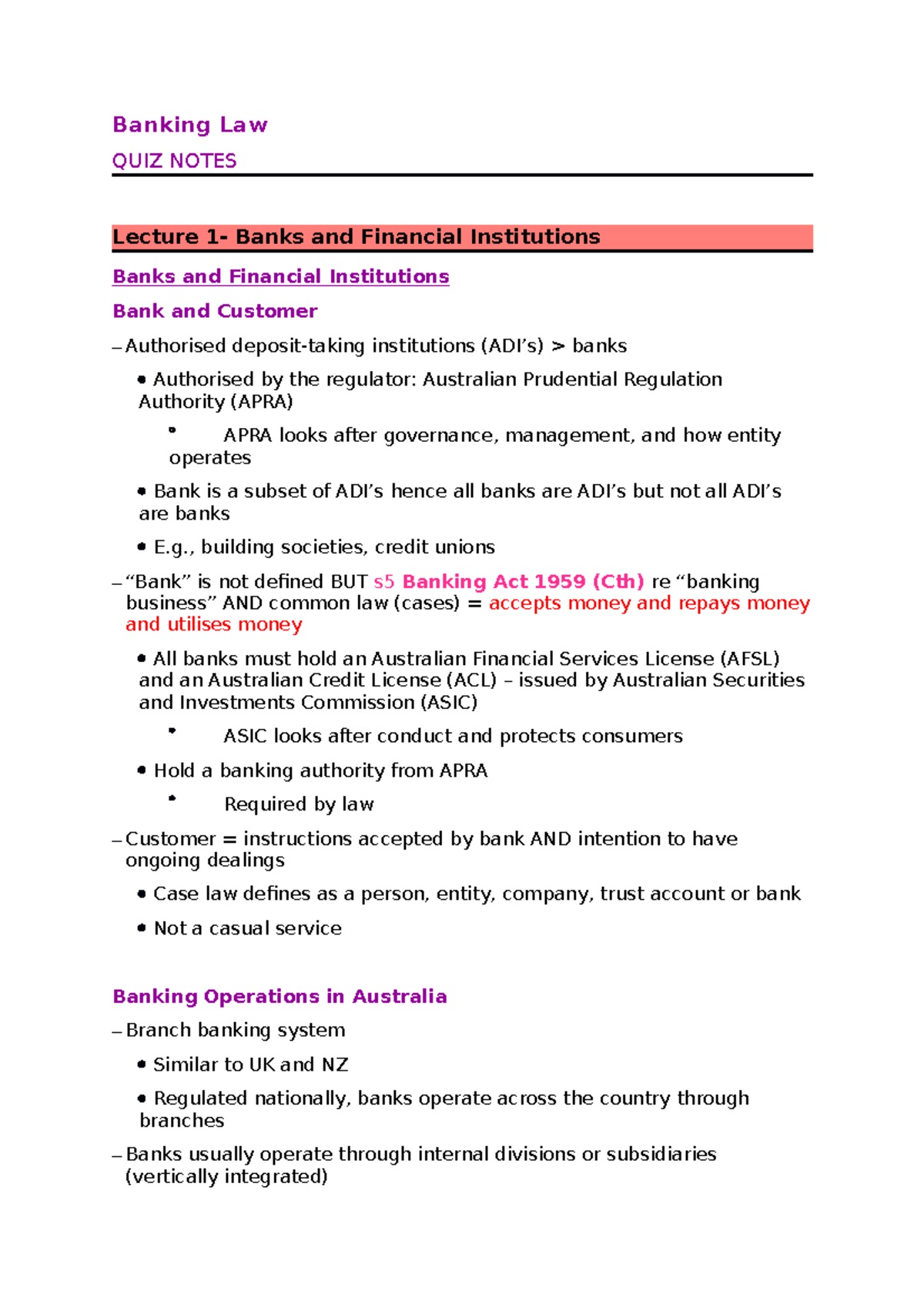 Banking Law 101 Quiz Notes: Key Insights and Concepts - Studocu