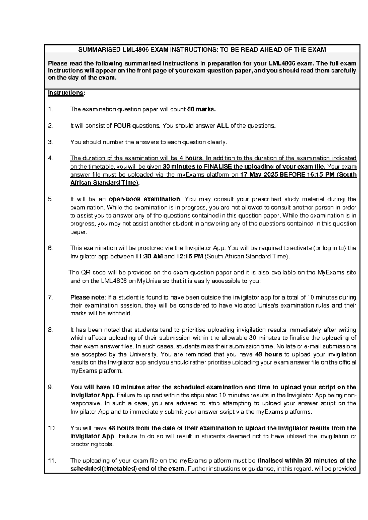 Summarised LML4806 Exam Instructions for May-June 2025 - Studocu