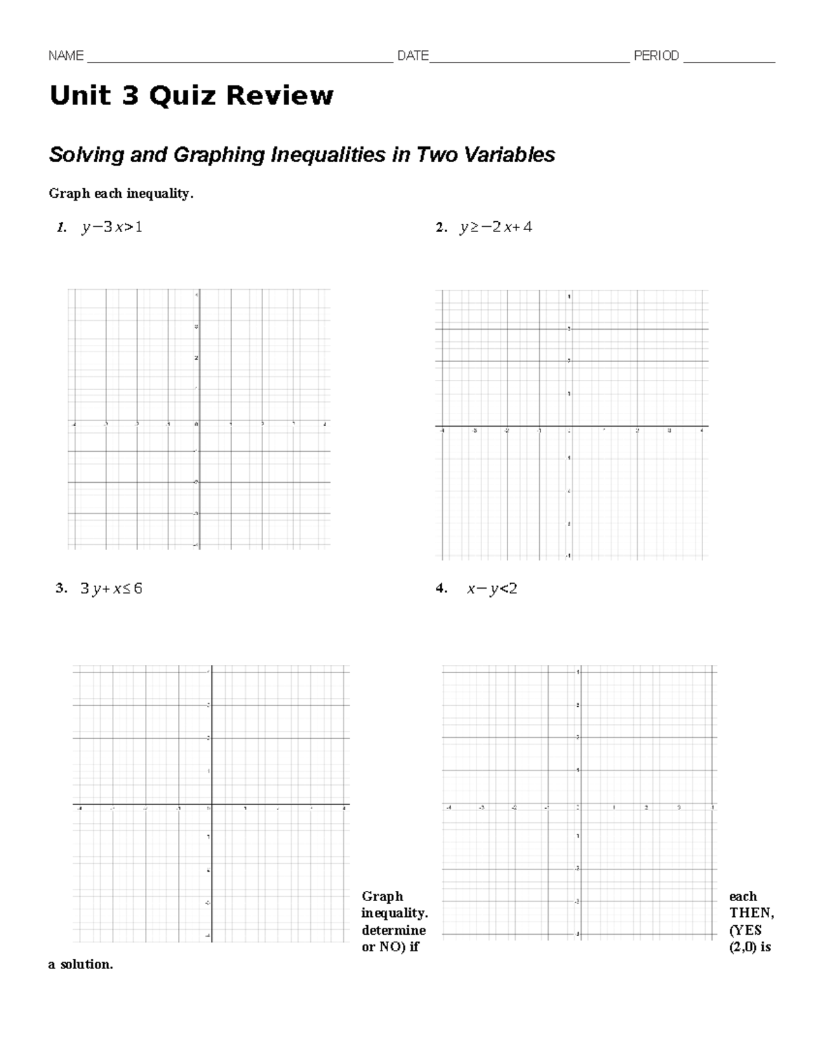 Unit 3 Algebra Quiz Review: Solving Inequalities in Two Variables - Studocu