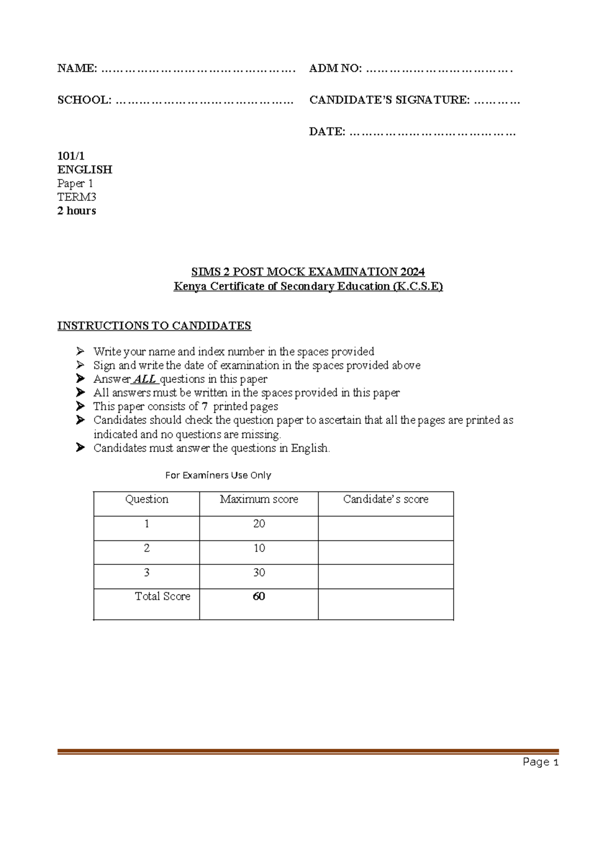 K.C.S.E English Paper 1 Term 3 Mock Exam 2024 - Studocu