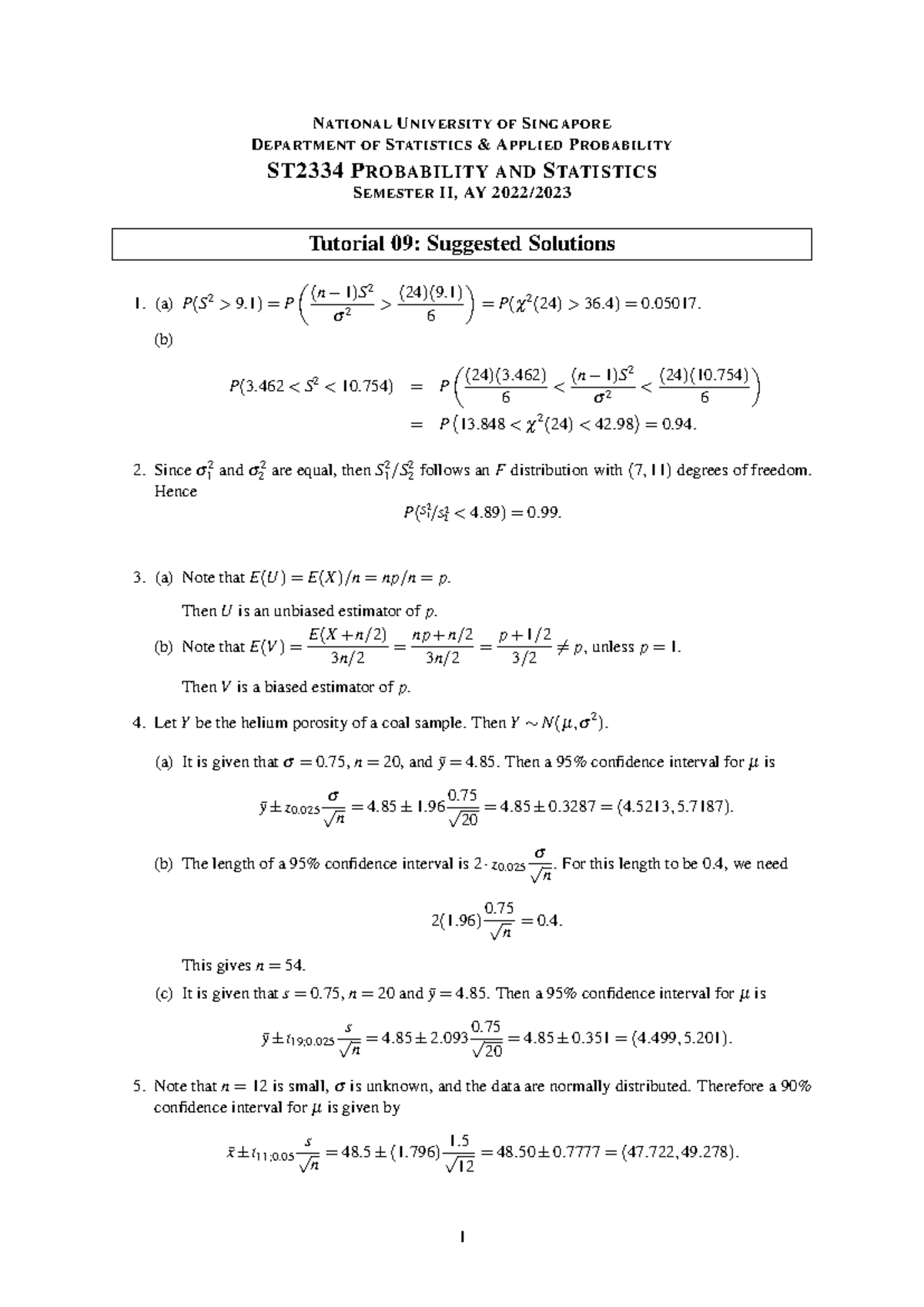 ST2334 Tutorial 09: Suggested Solutions for Probability & Statistics ...