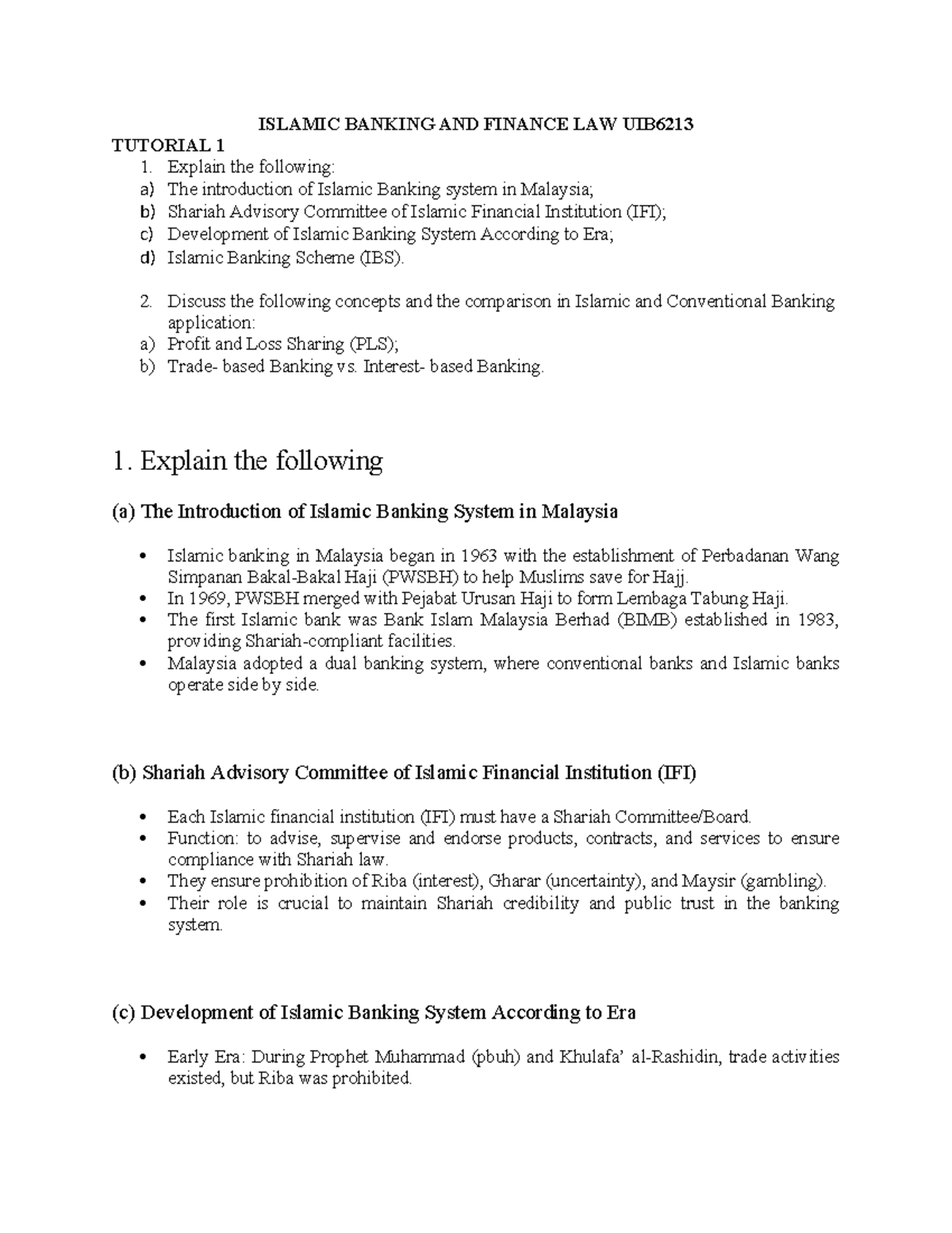 ISLAMIC BANKING AND FINANCE LAW UIB6213 TUTORIAL 1 NOTES - Studocu