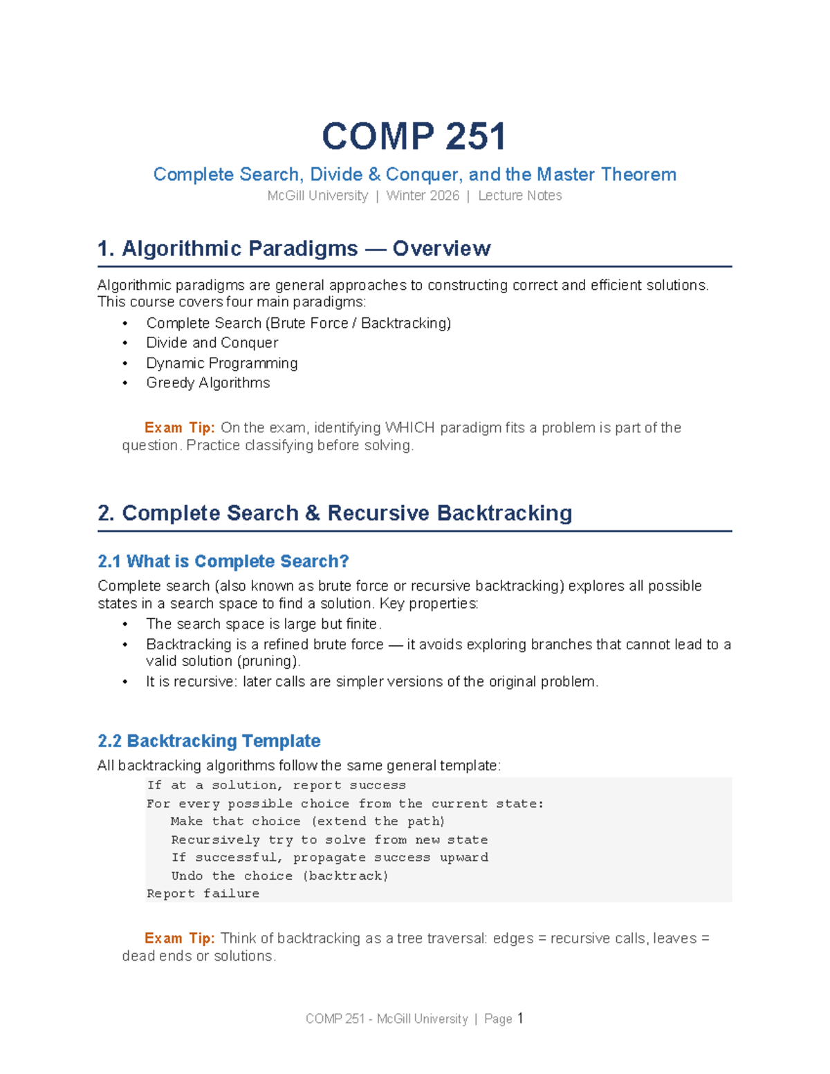 COMP 251 Winter 2026 Lecture Notes: Search, Divide & Conquer Techniques ...