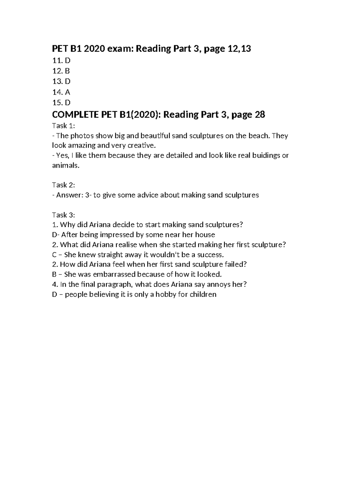 PET B1 2020 Exam: Reading Part 3 Analysis and Tasks - Studocu