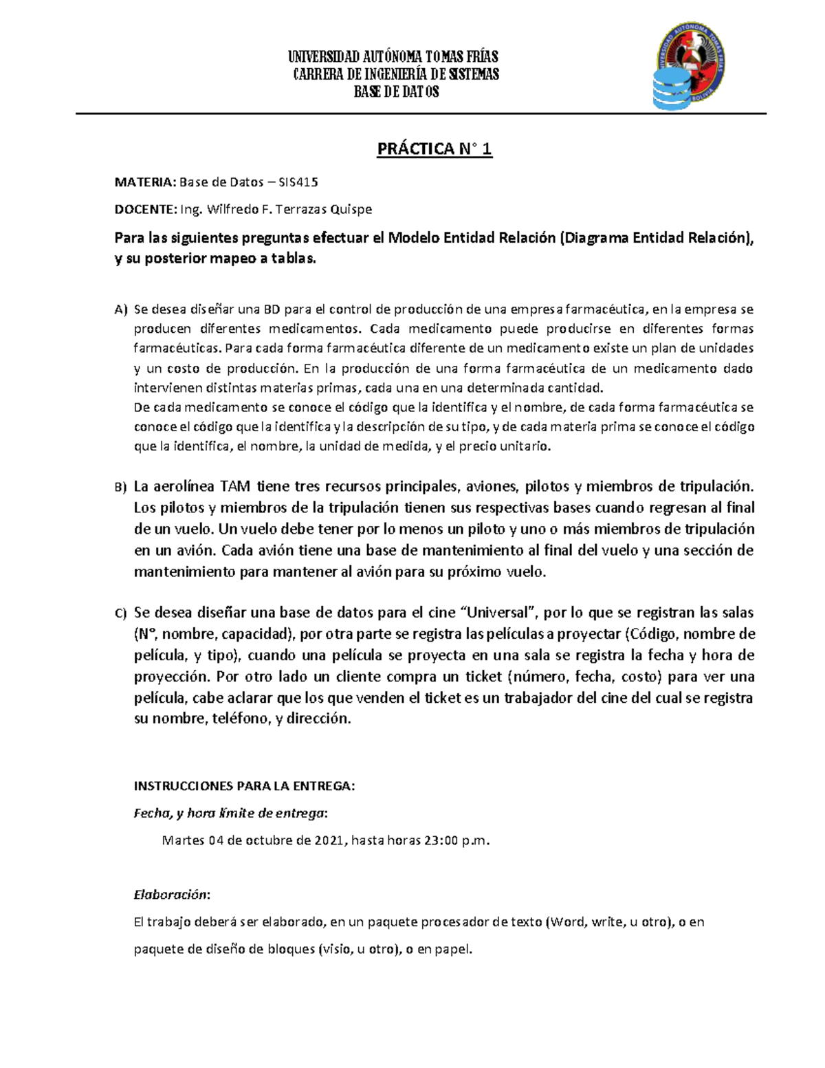 Práctica 1 de Modelo Entidad Relación - Curso SIS - Base de Datos - Document Preview