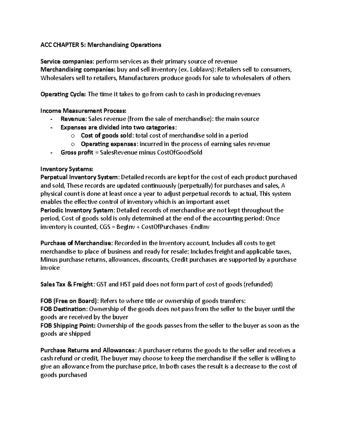 ACC Chapter 5: Key Concepts in Merchandising Operations Analysis - Studocu