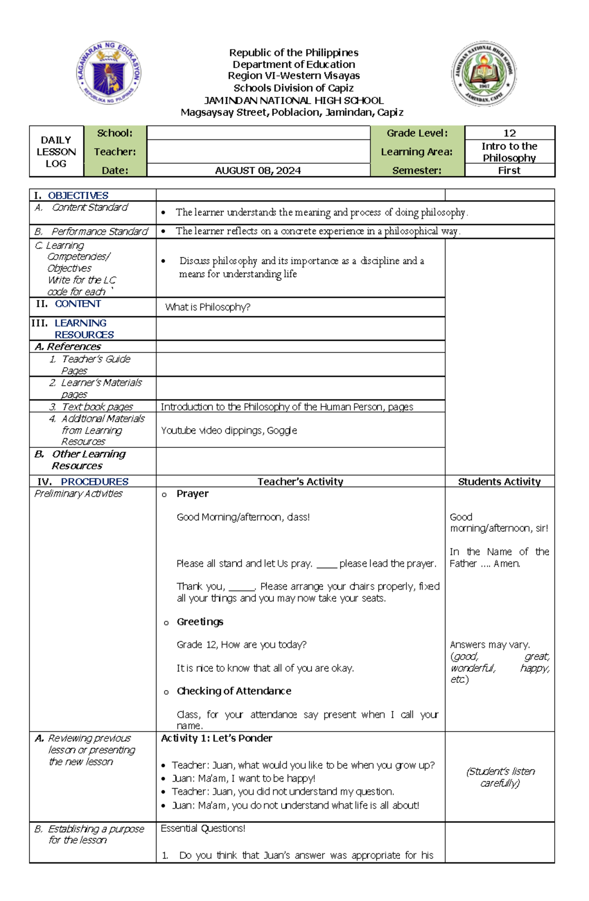 IPHP DLL W1 - Comprehensive Lesson Plan on Philosophy for Grade 12 ...
