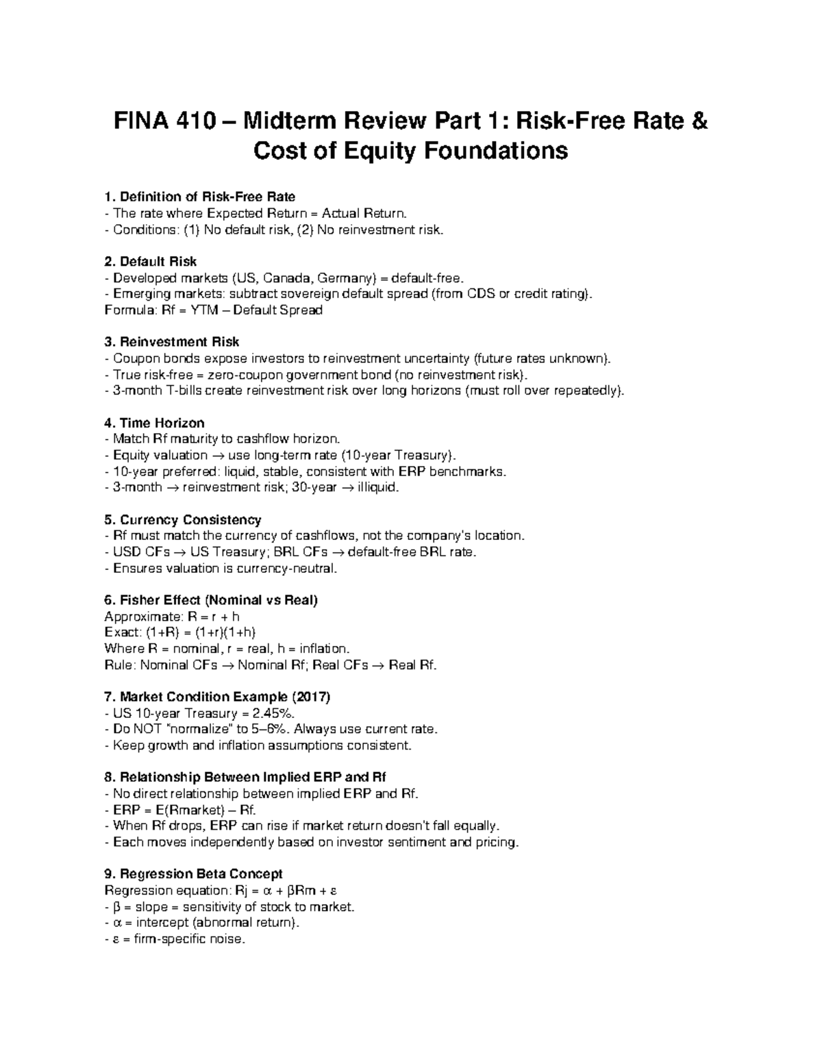 FINA 410 Midterm Review Part 1: Cost of Equity & Risk Factors - Studocu