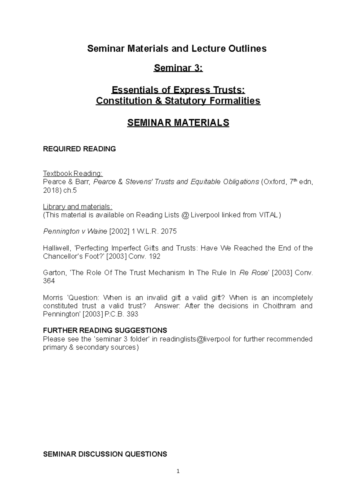 Constitution of trusts - Seminar Materials and Lecture Outlines Seminar ...