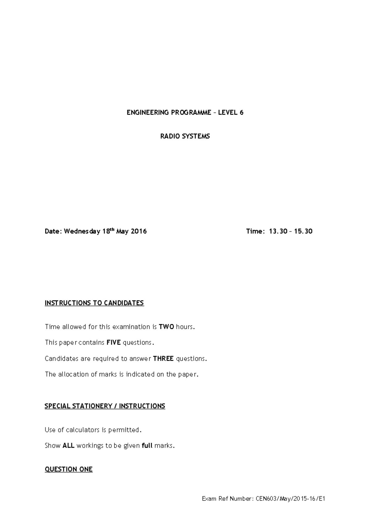 Exam 2015, questions - ENGINEERING PROGRAMME – LEVEL 6 RADIO SYSTEMS ...