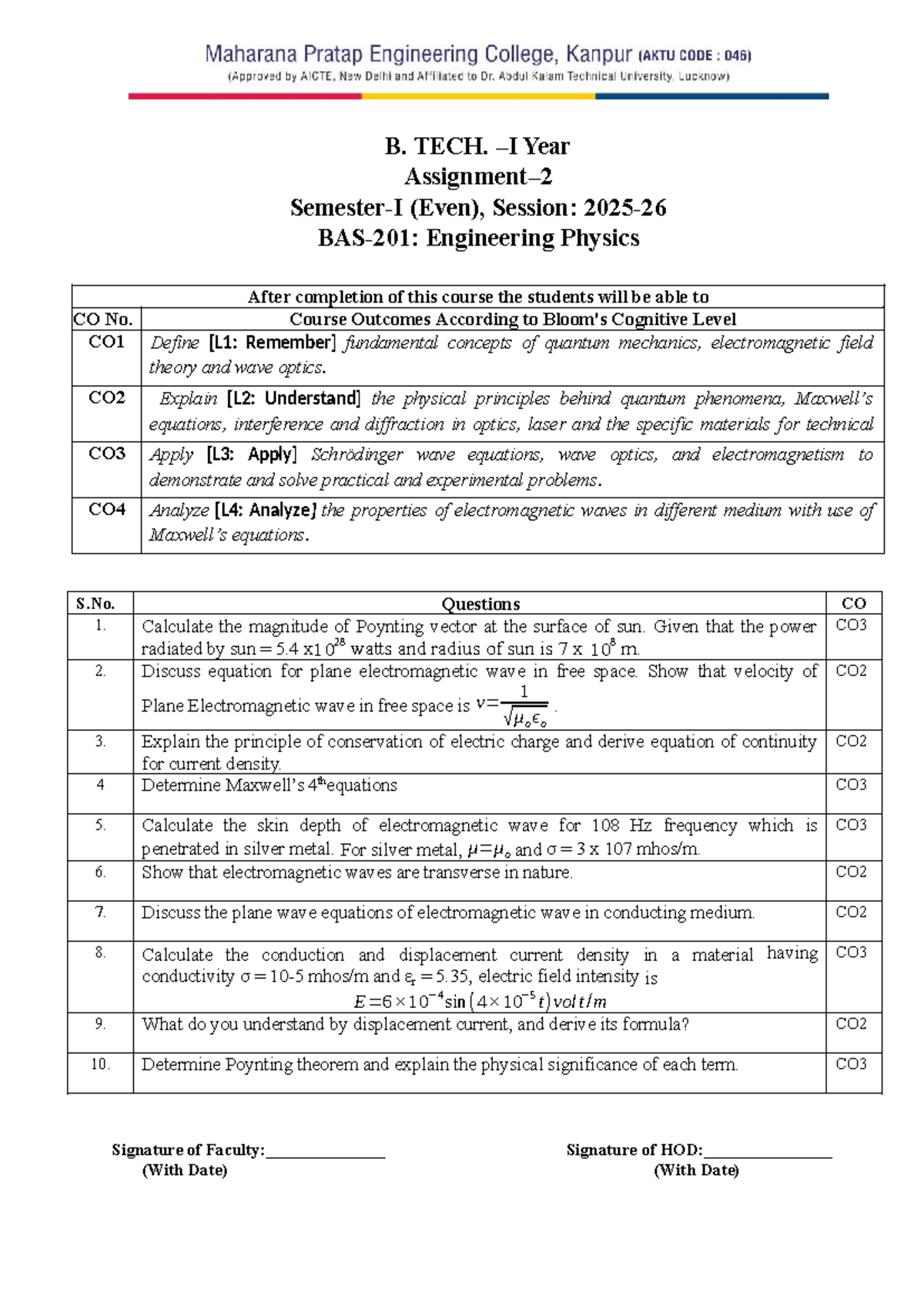 BAS201 Engineering Physics Assignment 2: Quantum Mechanics & EM Waves ...