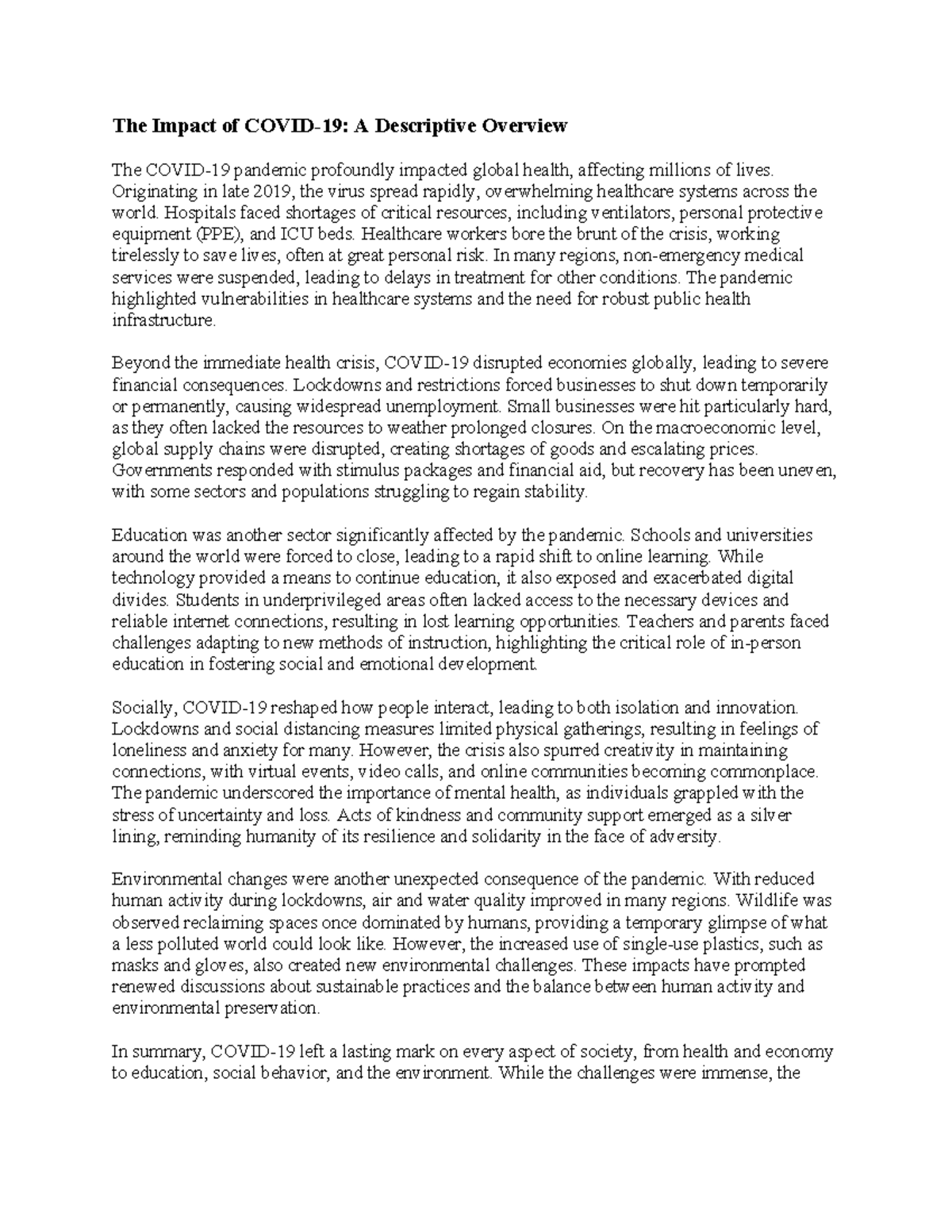 Ed - Nice - The Impact of COVID-19: A Descriptive Overview The COVID-19 ...