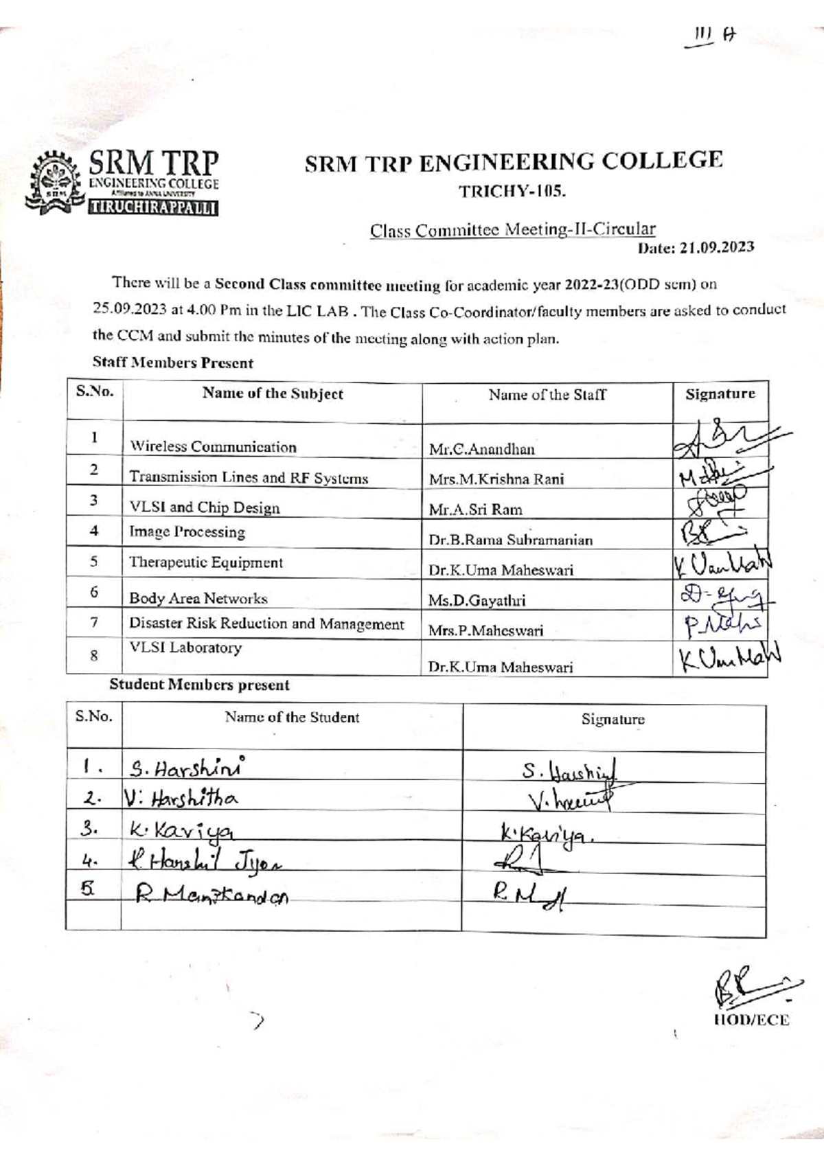 CCM Minutes for ECE V Sem Class Committee Meeting - SRM TRP - Studocu