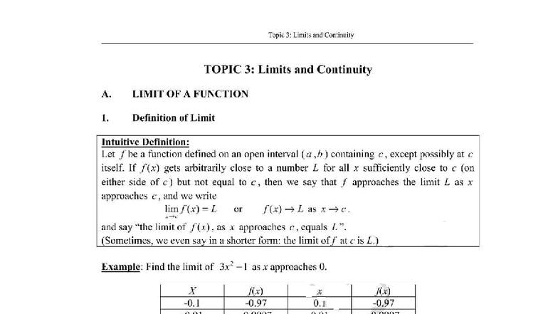 CMA6114 Topic 03 Limits+continuity - Topic 3: Limits and Continuity ...
