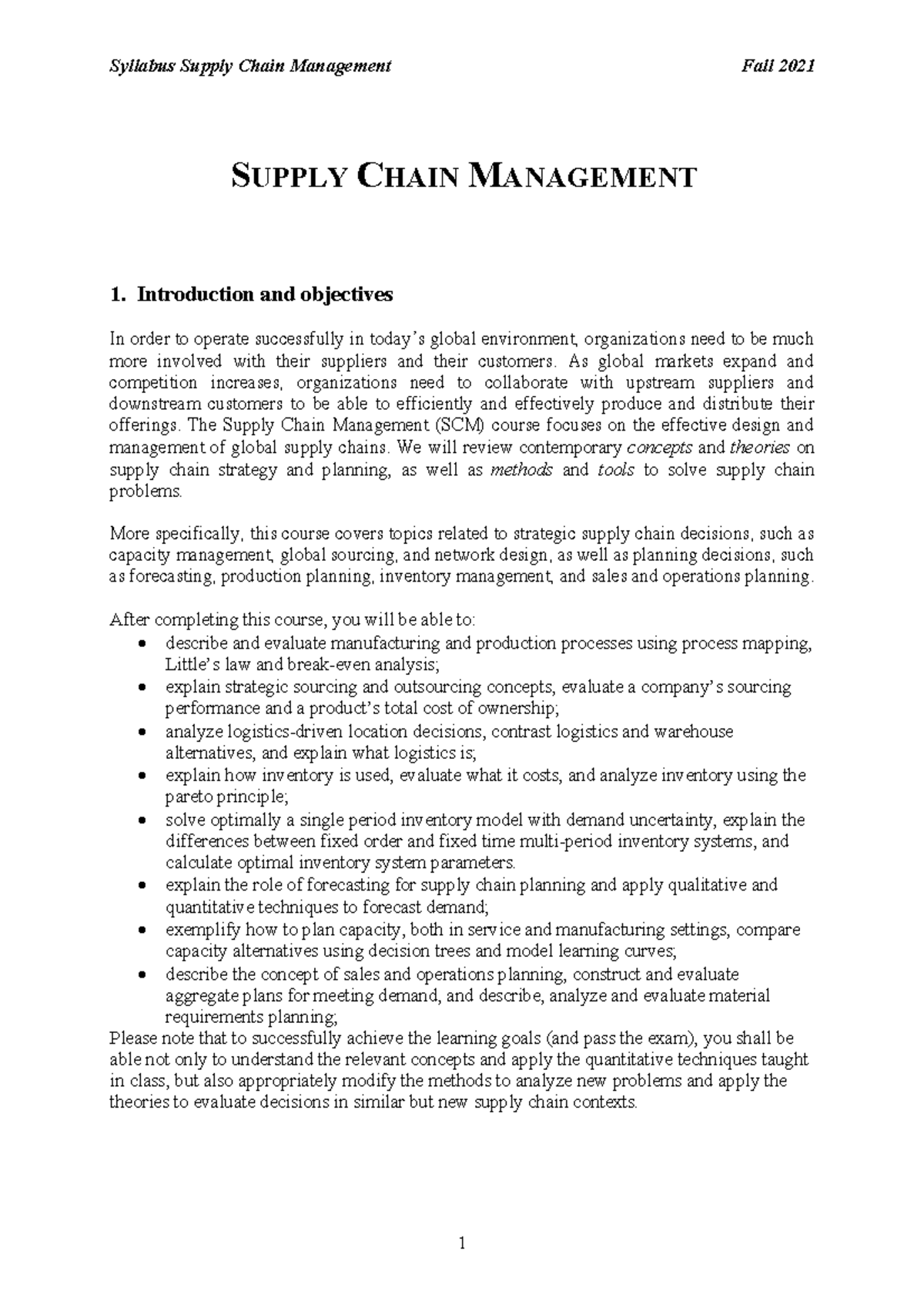 Supply Chain Management Course Overview - Fall 2021 Syllabus - Studeersnel
