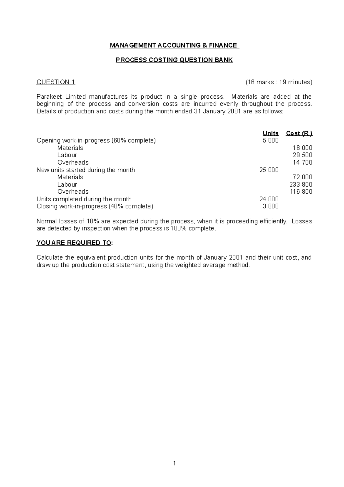 Process Costing Question Bank for Management Accounting & Finance - Studocu