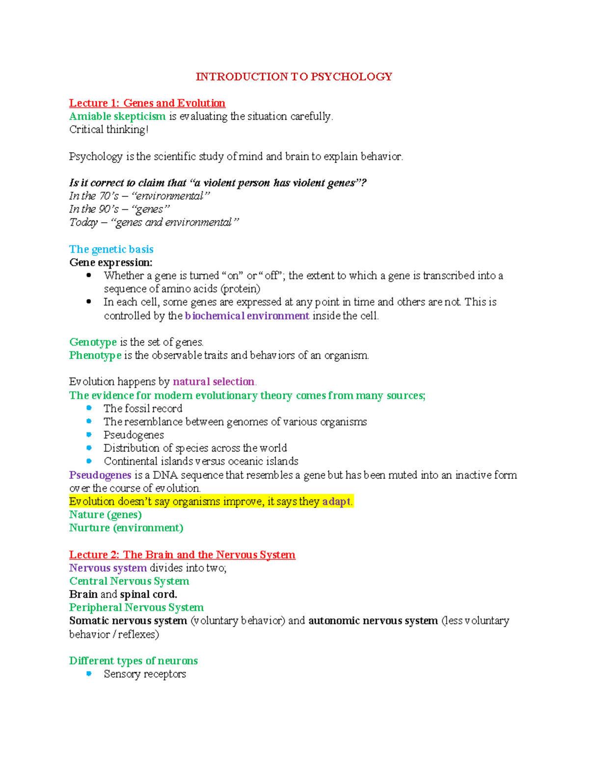 Psy 101: Intro to Psychology Lecture Notes on Evolution, Brain, and ...