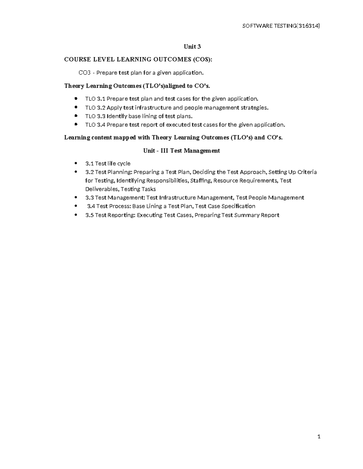 SOFTWARE TESTING (316314) Unit 3: Test Planning and Management Overview ...